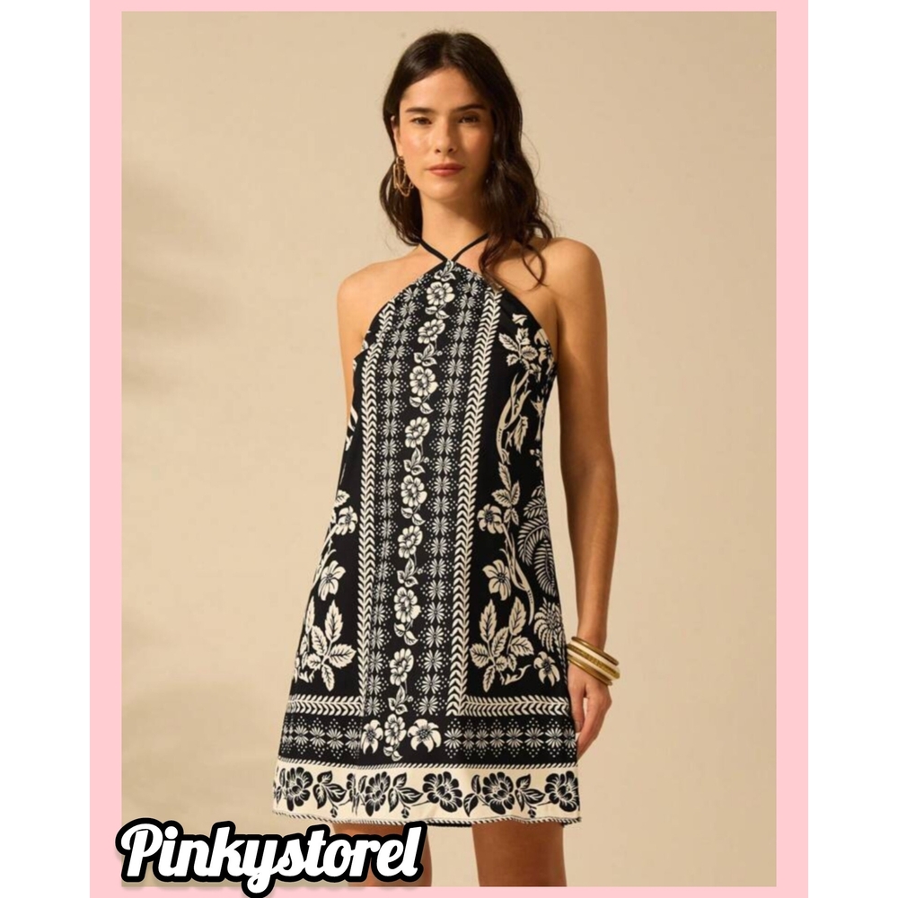 Floral Halter Neck Dress - Black and White - Picture 5 of 7